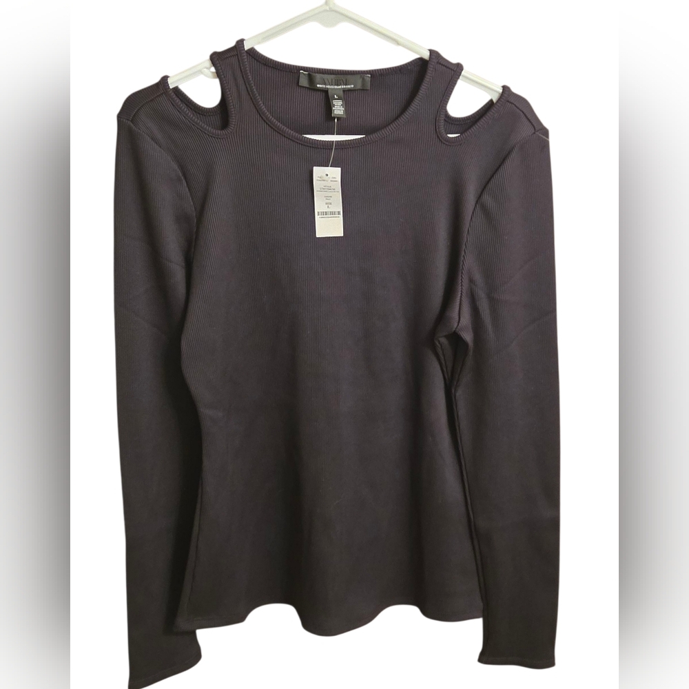 WHBM womens Sm black ribbed long sleeved stretchy cut out sexy top   Size L NWT